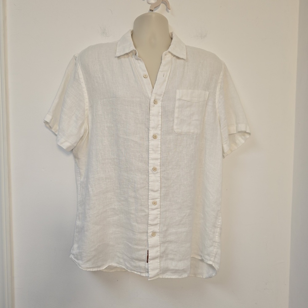 Faherty Mens L Palma Casual Short-Sleeve Button-Up Shirt White 100% Linen Woven